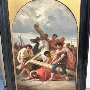 Classical-style composition with multiple figures gathered beneath an architectural arch and open sky.