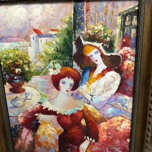 Vibrant impressionistic scene of elegantly dressed figures gathered at an outdoor garden table.