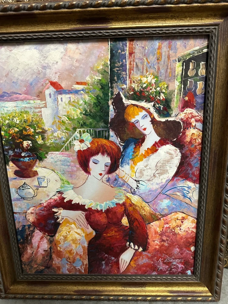 Vibrant impressionistic scene of elegantly dressed figures gathered at an outdoor garden table.