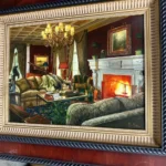 Warm, richly decorated parlor interior with upholstered seating, chandelier, artwork, and a glowing fireplace.