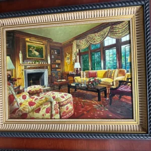 Detailed framed interior scene of an opulent formal parlor with fireplace, tall windows, and elegant furnishings.