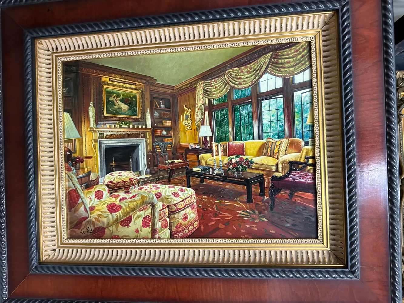 Detailed framed interior scene of an opulent formal parlor with fireplace, tall windows, and elegant furnishings.