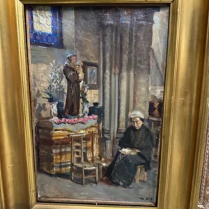 Small vertical scene showing a standing gentleman and seated woman in a detailed period interior.