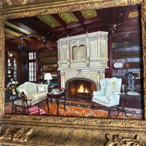 Ornately framed interior scene of a wood-paneled lodge with a stone fireplace and upholstered seating.