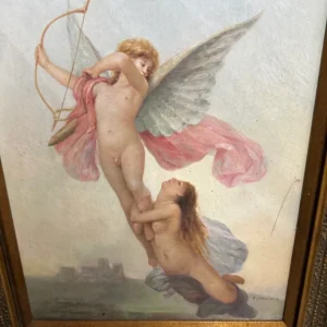 Vertical framed fantasy or allegorical scene featuring a winged female figure lifting a child above the clouds.