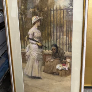 Tall matted artwork showing a woman and child beside an iron gate in a softly rendered garden setting.
