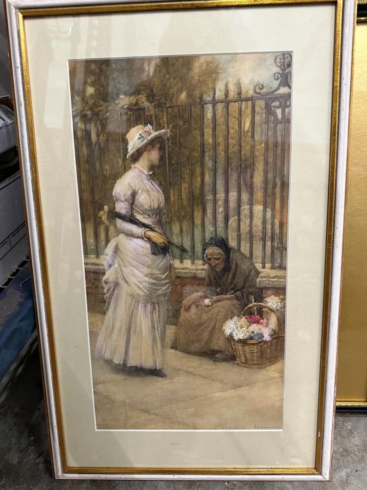 Tall matted artwork showing a woman and child beside an iron gate in a softly rendered garden setting.