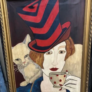 Bold portrait of a woman wearing a dramatic red-and-black striped hat, rendered in a modern graphic style.