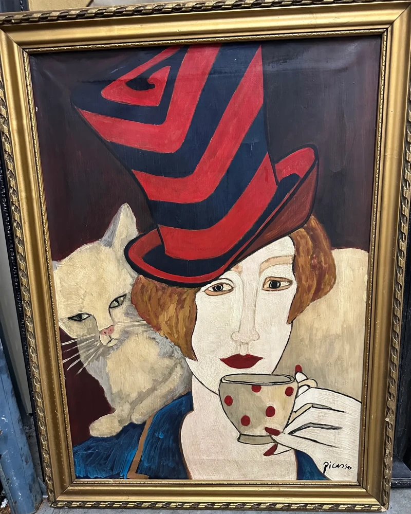 Bold portrait of a woman wearing a dramatic red-and-black striped hat, rendered in a modern graphic style.