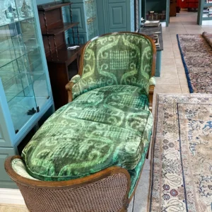 Antique French Cane-Back Chaise with Ikat Velvet Upholstery